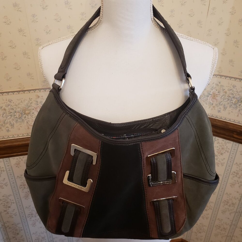 TIGNANELLO TRI-COLOR LEATHER/ SUEDE HOBO BAG-GREEN, BROWN, BLACK